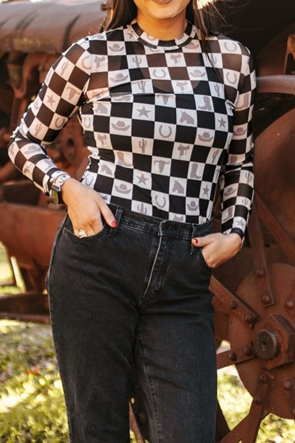 Checkered Mock Neck Long Sleeve Top - Little KT Company