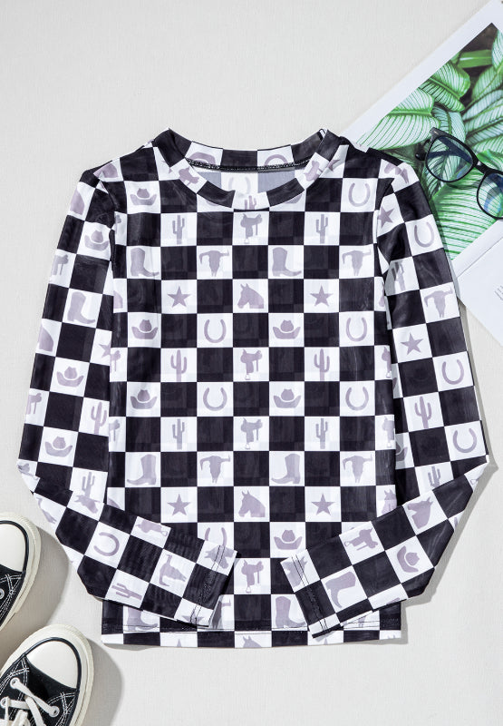 Checkered Mock Neck Long Sleeve Top - Little KT Company