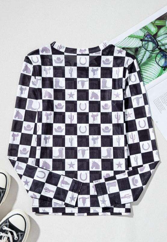 Checkered Mock Neck Long Sleeve Top - Little KT Company