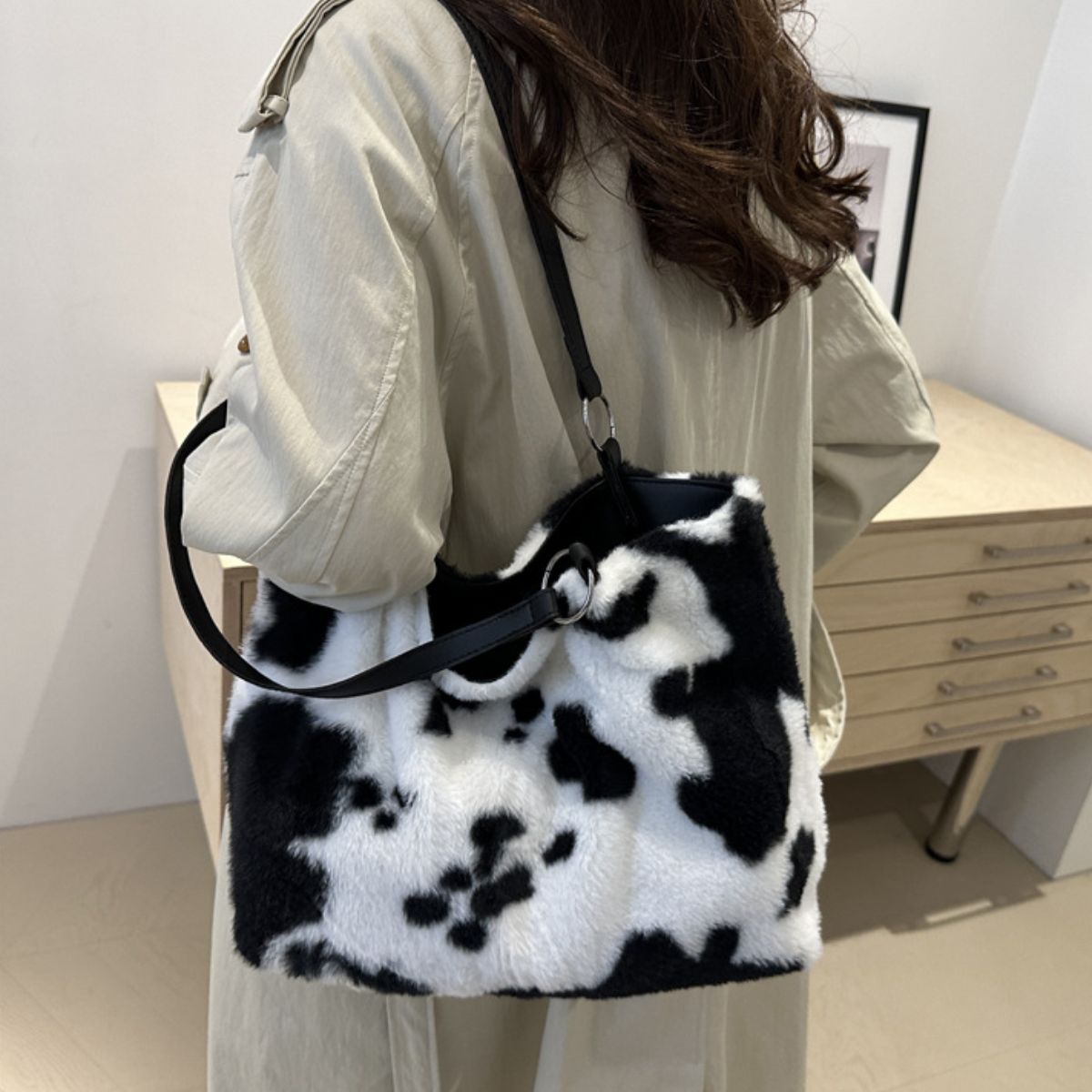 Cow Print Furry Tote Bag - Little KT Company