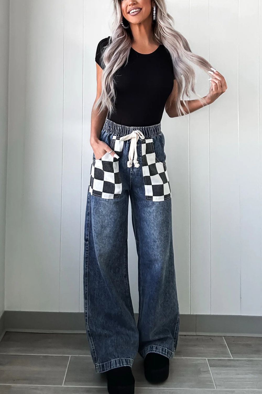 Checkered Wide Leg Jeans - Little KT Company