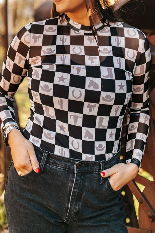 Checkered Mock Neck Long Sleeve Top - Little KT Company