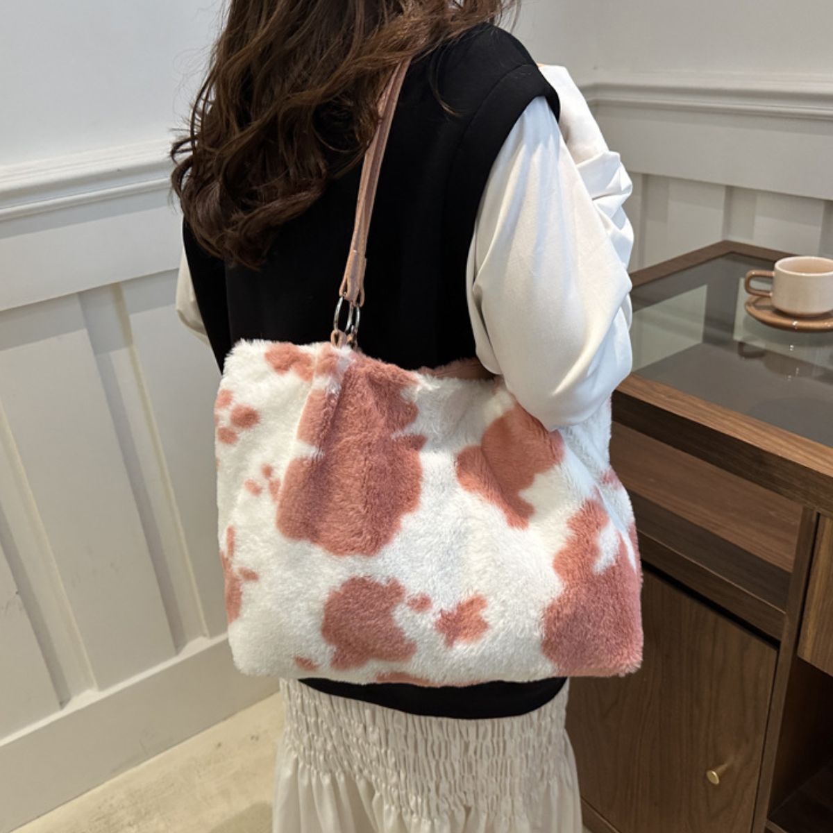 Cow Print Furry Tote Bag - Little KT Company