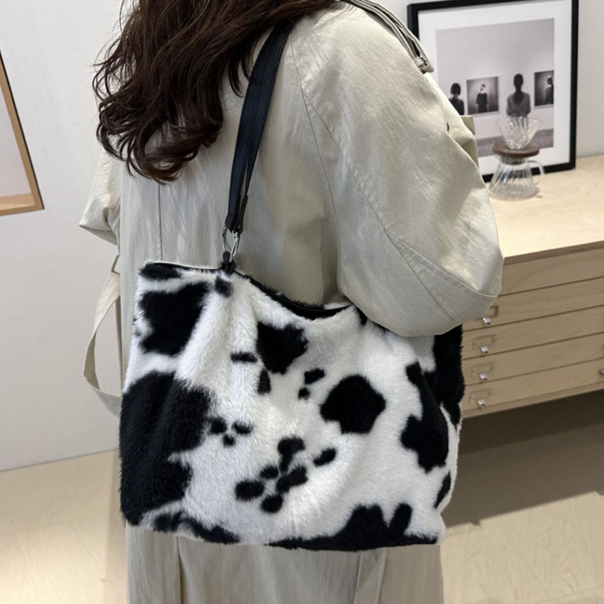 Cow Print Furry Tote Bag - Little KT Company