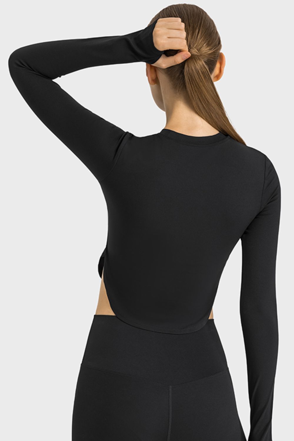 Millennia Side Slit Long Sleeve Round Neck Crop Top