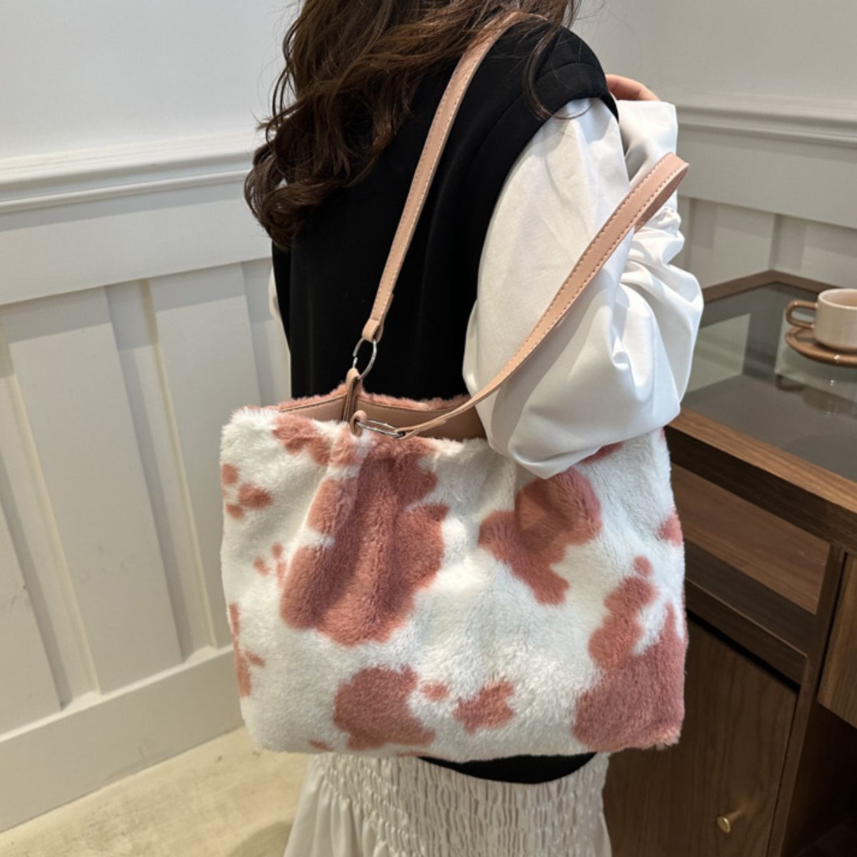 Cow Print Furry Tote Bag - Little KT Company