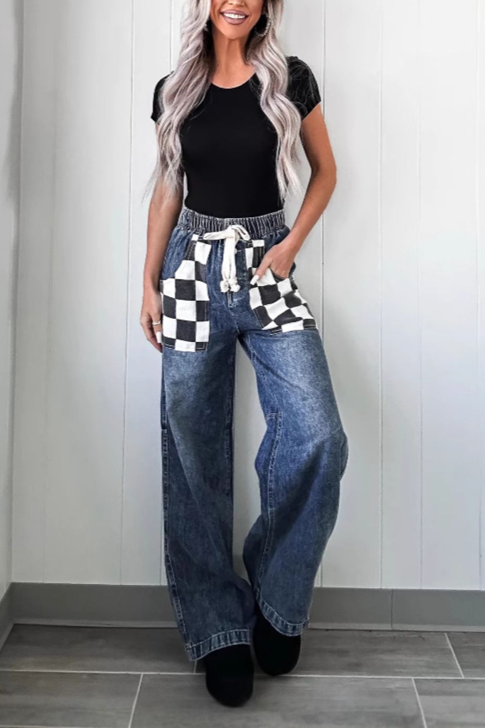 Checkered Wide Leg Jeans - Little KT Company