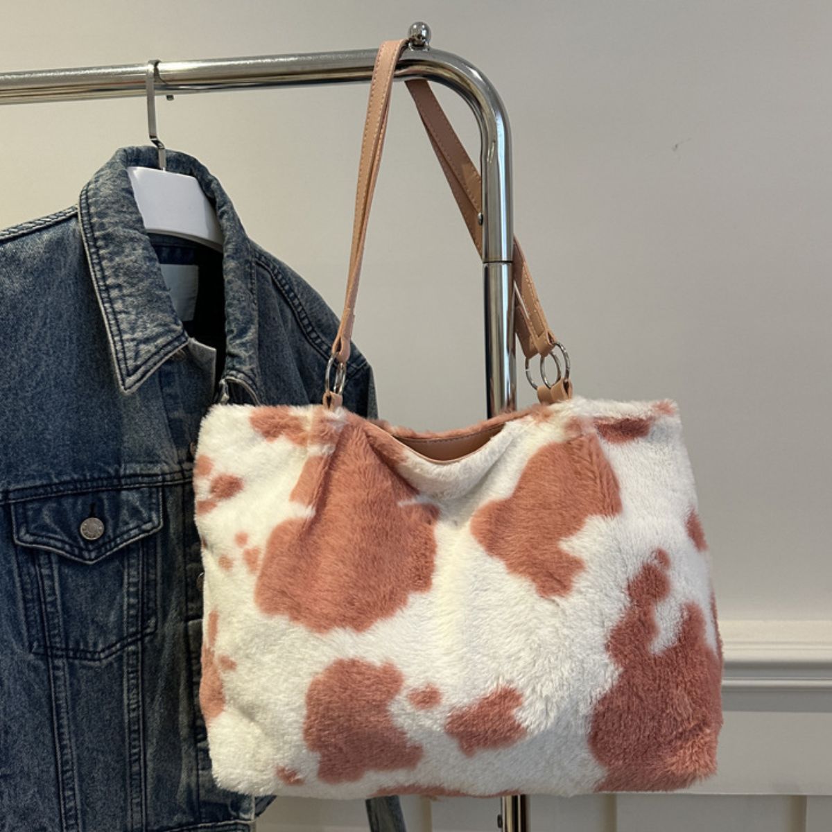 Cow Print Furry Tote Bag - Little KT Company