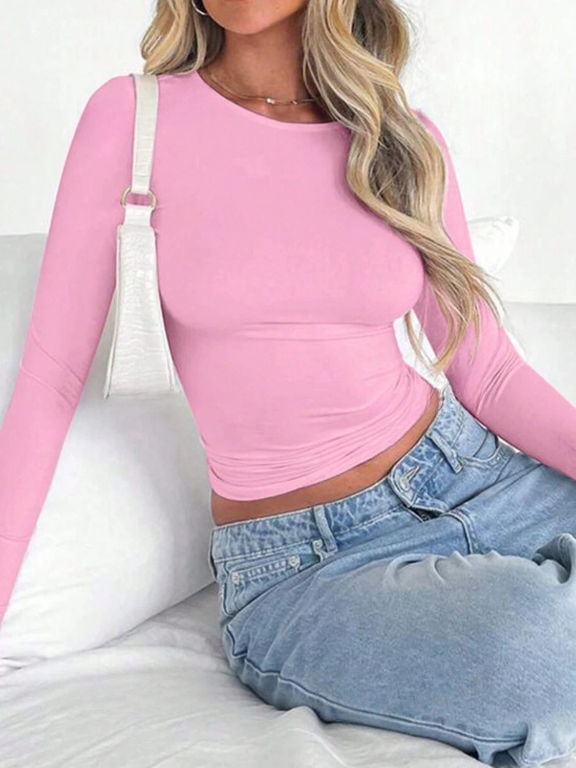 Solid Color Round Neck Long Sleeve T-Shirt