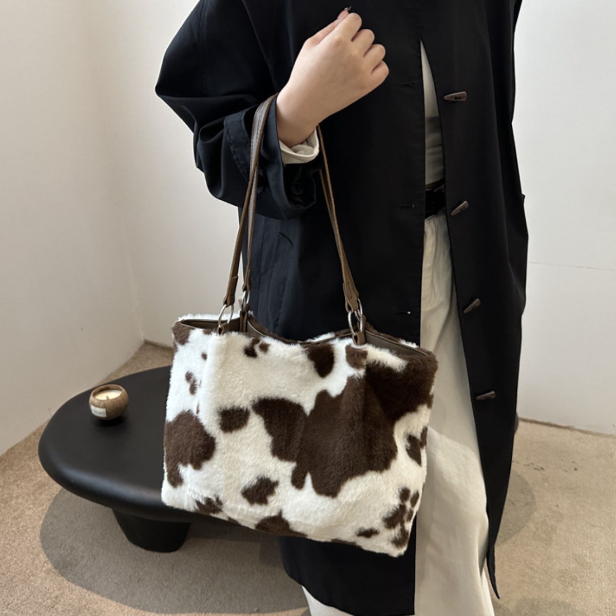 Cow Print Furry Tote Bag - Little KT Company