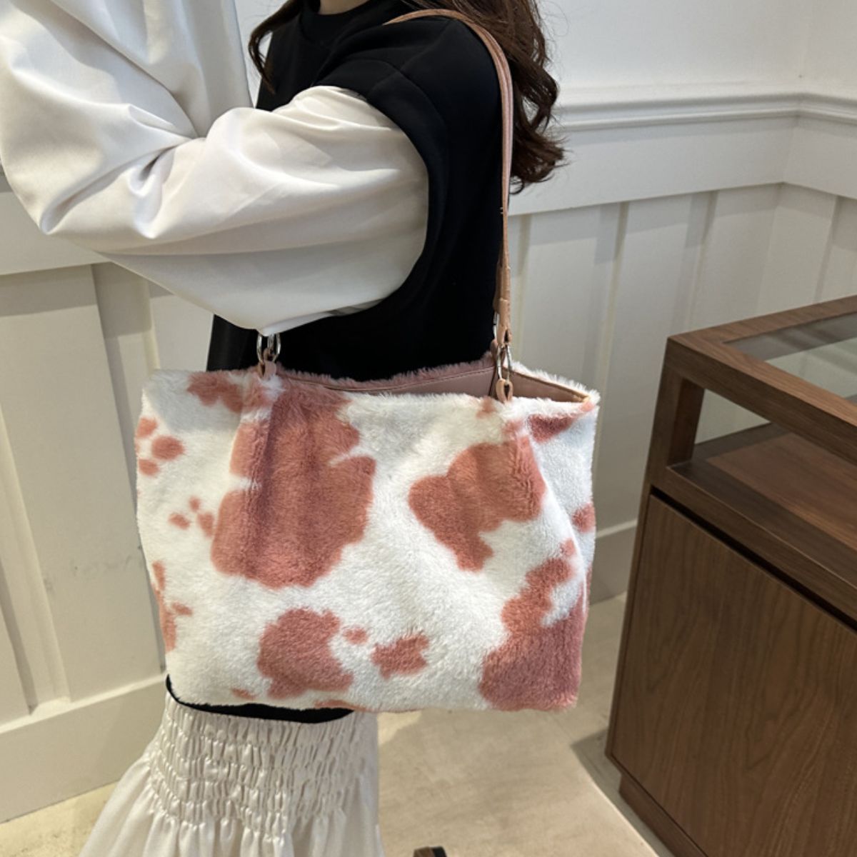 Cow Print Furry Tote Bag - Little KT Company