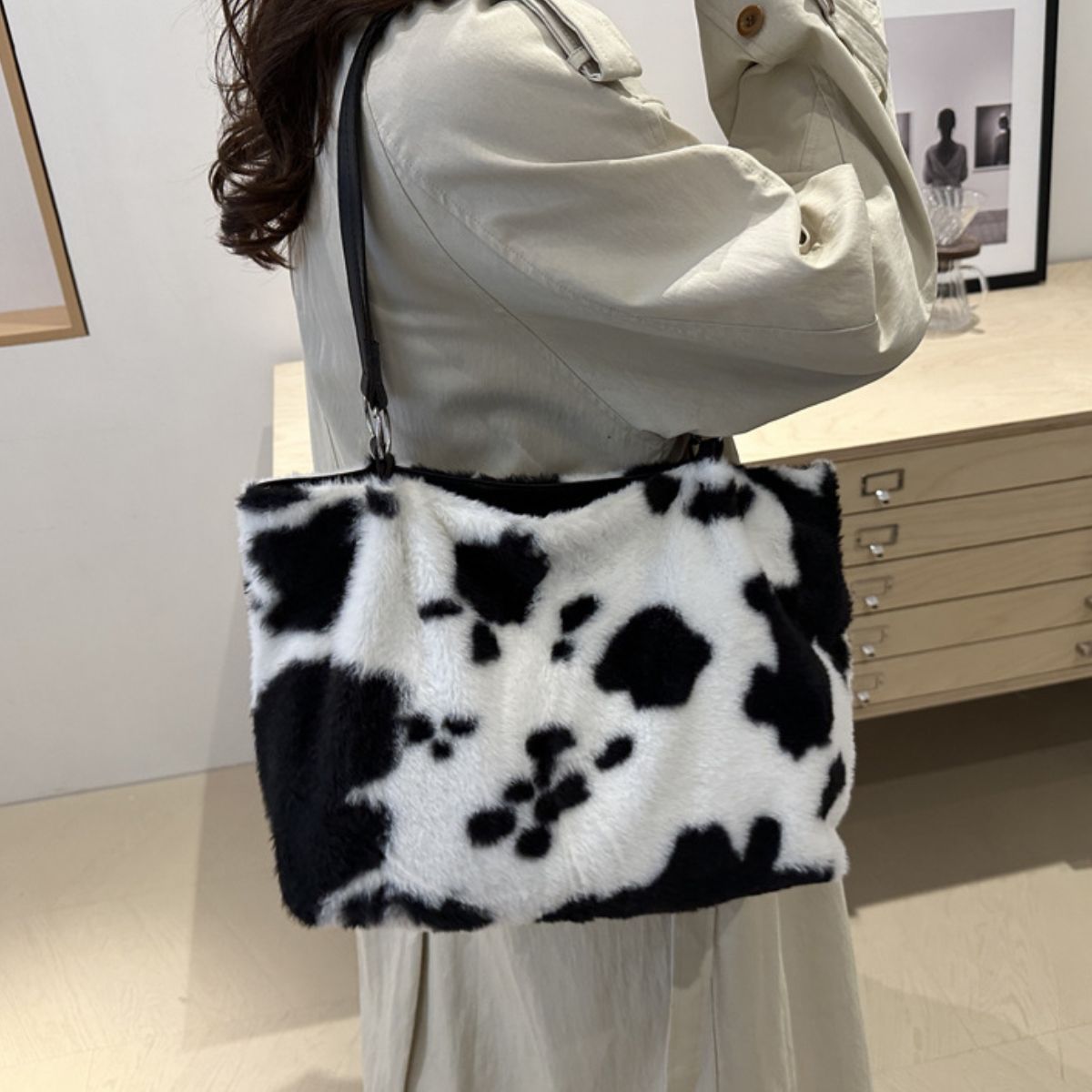 Cow Print Furry Tote Bag - Little KT Company